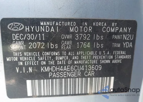 2012 Hyundai Elantra Gls (Ulsan Plant) z USA, uszkodzony, nr VIN KMHDH4AE6CU413609